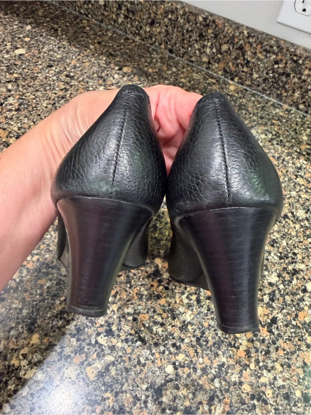 Tory Burch Black Leather Peep-Toe Heels with Silver Logo Medallions 7.5